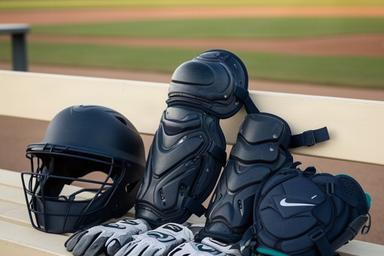 高校野球の打者用ヘルメットと防具が並ぶベンチ